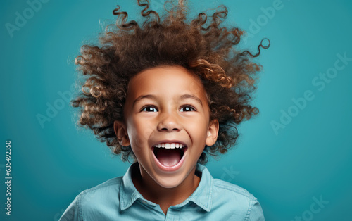 Child is Surprised and excited, opening eyes and mouth, Bright solid light color background. created by generative AI technology.