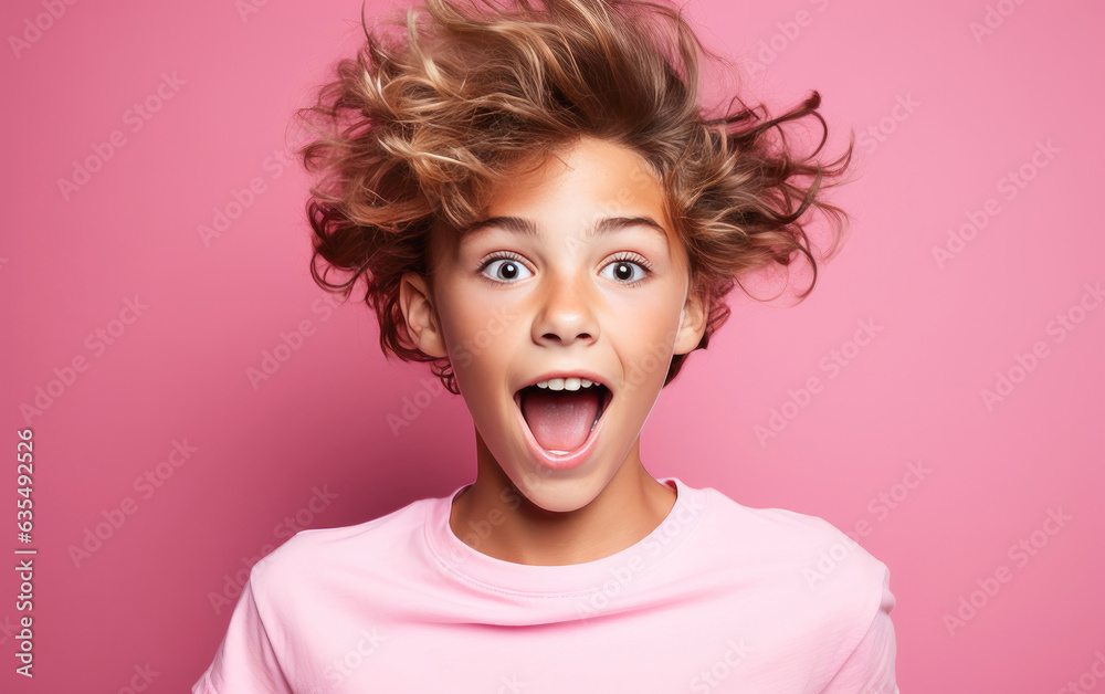 Child is Surprised and excited, opening eyes and mouth, Bright solid light color background. created by generative AI technology. Child is Surprised and excited, opening eyes and mouth, Bright solid light color background. created by generative AI technology.