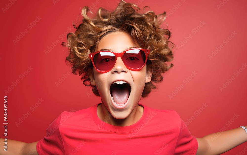 Child is Surprised and excited, opening eyes and mouth, Bright solid light color background. created by generative AI technology. Child is Surprised and excited, opening eyes and mouth, Bright solid light color background. created by generative AI technology.
