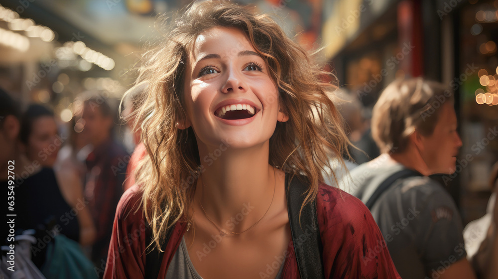 American Girl is Surprised and excited in Shopping mall, crowded shops. created by generative AI technology.