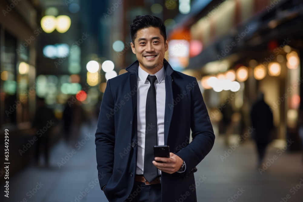 Asian young smiling professional businessman with a mobile phone standing on the street in the big city holding a mobile phone.