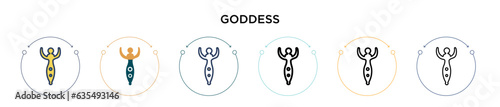 Goddess icon in filled, thin line, outline and stroke style. Vector illustration of two colored and black goddess vector icons designs can be used for mobile, ui, web