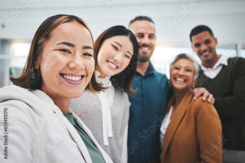 Selfie, portrait and group of business people smile in office for support of global team building. Diversity, employees and face asian woman with friends for profile picture about us on social media