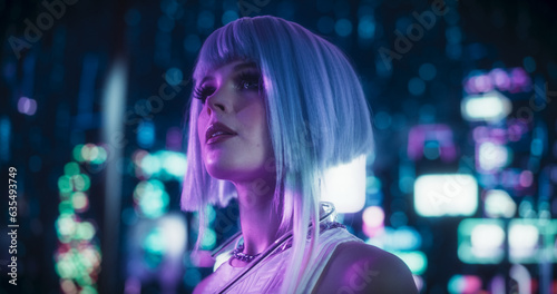 Cinematic Portrait of a Young Cosplay Model Wearing Futuristic Clothes, Striking Makeup and a Short Blue Wig, Female Enjoying a Beautiful Night Life Scenery in a Neon Tech City © Gorodenkoff