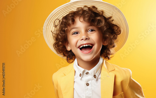 Child is Surprised and excited, opening eyes and mouth, Bright solid light color background. created by generative AI technology.