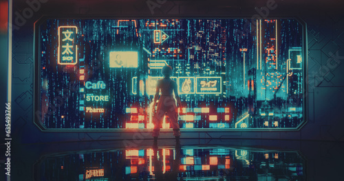 Photography Excited Beautiful Young Female with Blue Hair Looking Out of the Window with Futuristic Urban City with Neon Lights at Night
