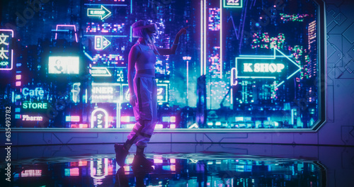 Extravagant Gamer Girl Wearing a Virtual Reality Headset and Using Gestures in a Futuristic Neon Room with Cyberpunk Cityscape. Cosplay Female Exploring VR Metaverse, Playing Video Game Online