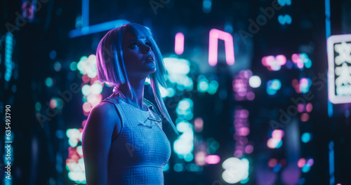 Creative Young Female Standing in a Sci-Fi Cyberpunk City with Neon Lights, Dystopian Colorful Urban Environment. Cosplay Model with Blue Hair Excited About Technological Surroundings