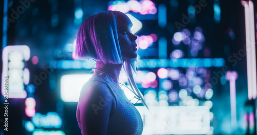 Canvas Print Cinematic Arc Shot of a Stylish Young Cosplay Model with Blue Hair Wandering Around a Futuristic Cybernetic City with Neon Lights