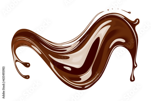 Chocolate dark isolated wavy flow splash, melted dessert. Beautiful appetizing realistic chocolate, cocoa milkshake, chocolate milk or syrup splashing stream or overflowing wave with splash drops