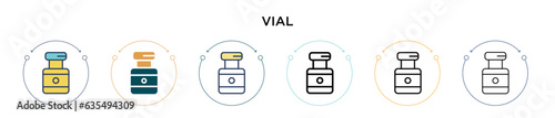 Vial icon in filled, thin line, outline and stroke style. Vector illustration of two colored and black vial vector icons designs can be used for mobile, ui, web