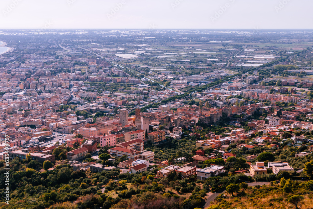 View from the top of the city of Terracina in Italy and the Mediterranean coast. Beautiful landscape with views of the valley and mountains.