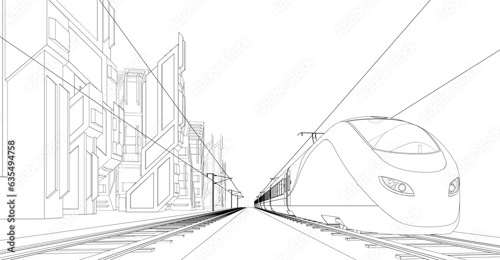 Futuristic city scene with train 3d rendering