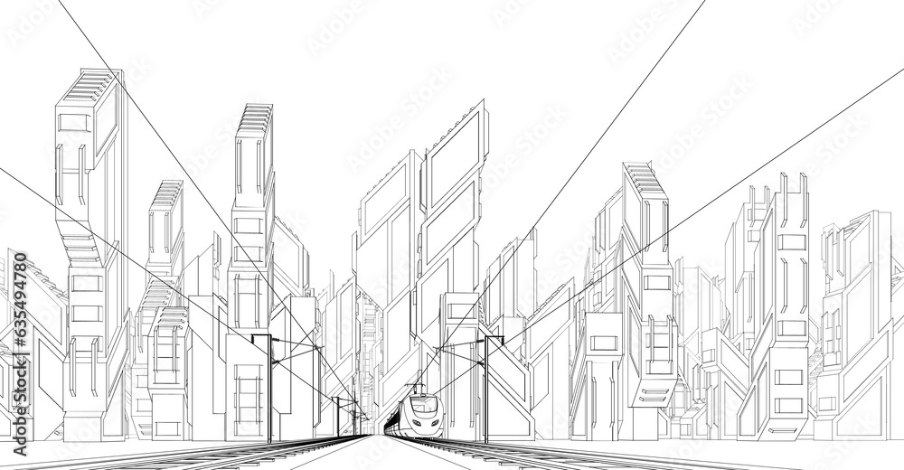 Futuristic city scene with train 3d rendering