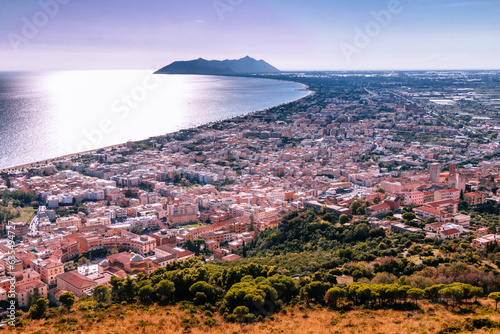 Panoramic sea landscape with Terracina, Lazio, Italy. Scenic resort town village with nice sand beach and clear blue water. Famous tourist destination in Riviera de Ulisse photo