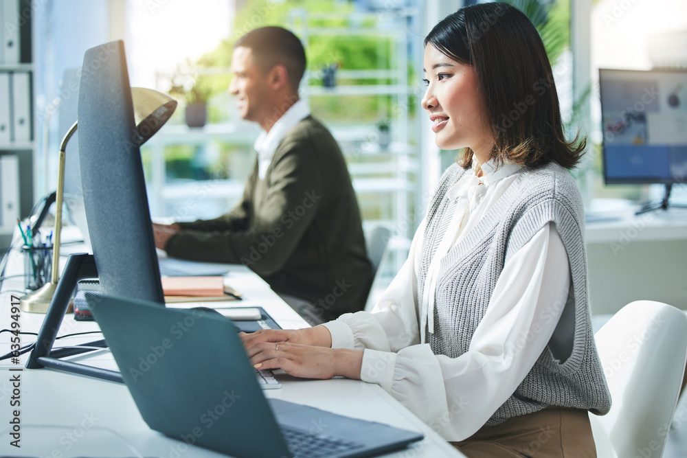 Business woman, computer and office for marketing research, multimedia planning or copywriting. Professional worker, employees or editor typing on desktop for editing online and research in workspace Business woman, computer and office for marketing research, multimedia planning or copywriting. Professional worker, employees or editor typing on desktop for editing online and research in workspace