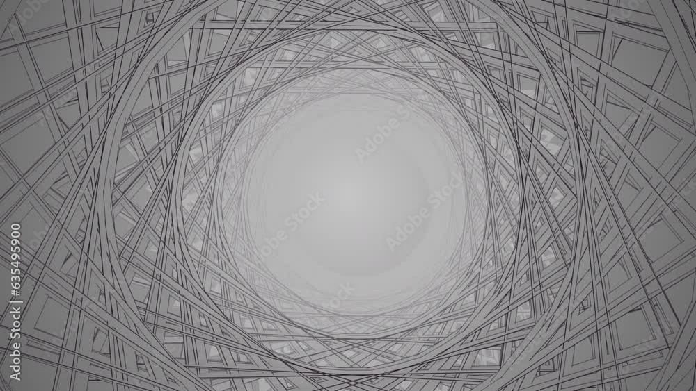 3D futuristic abstract animation gray polygonal shape with tunnel effect and wireframe shades