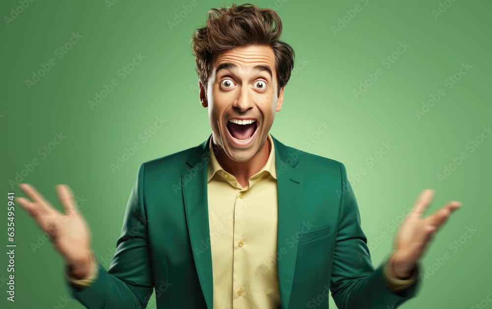 Young ultra handsome manager man was Surprised and excited, opening eyes and mouth, Bright solid light color background. created by generative AI technology. Young ultra handsome manager man was Surprised and excited, opening eyes and mouth, Bright solid light color background. created by generative AI technology.