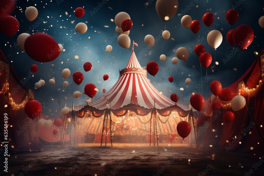 A circus tent adorned with balloons and confetti, Generative Ai - obrazy, fototapety, plakaty 