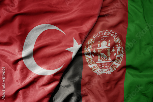 big waving national colorful flag of turkey and national flag of afghanistan .
