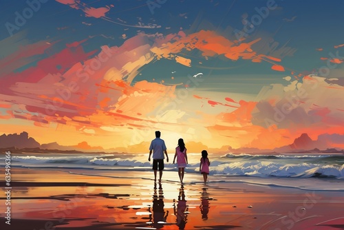 A family on the beach  illustrative and generative  Generative Ai