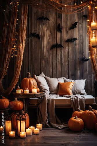 estancia interior con paredes de madera y asiento con cojines claros con decoraciones de halloween, como calabazas, murcielagos de plastico o velas .ilustracion de ia generativa photo