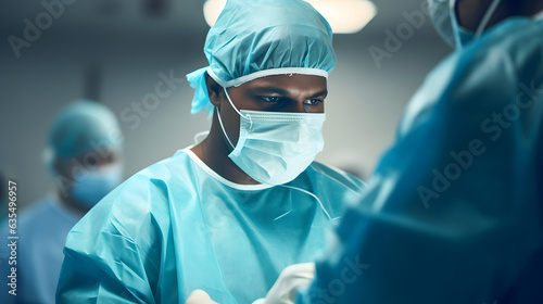 Dedicated black surgeon in operating room focused on a complex prodecure with surgical instruments in sterile environment
