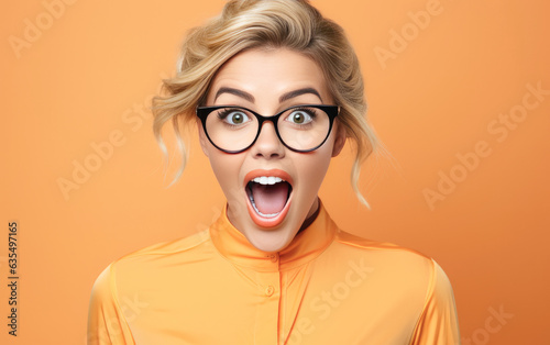 Young ultra beauty manager girl was Surprised and excited, opening eyes and mouth, Bright solid light color background. created by generative AI technology.