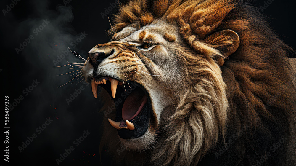 Lion Roaring on Black Background: A lion roars on a black background, a powerful and majestic image of the king of the jungle.