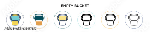Empty bucket icon in filled, thin line, outline and stroke style. Vector illustration of two colored and black empty bucket vector icons designs can be used for mobile, ui, web
