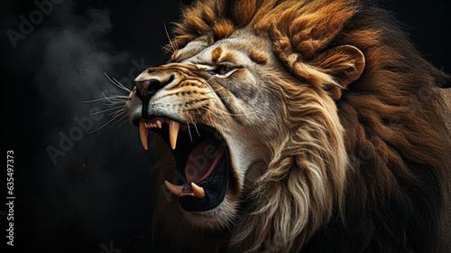 Lion Roaring on Black Background  A lion roars on a black background  a powerful and majestic image of the king of the jungle.