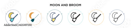 Moon and broom icon in filled, thin line, outline and stroke style. Vector illustration of two colored and black moon and broom vector icons designs can be used for mobile, ui, web