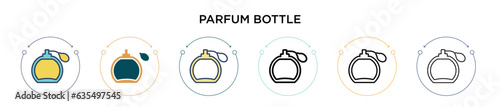 Parfum bottle icon in filled, thin line, outline and stroke style. Vector illustration of two colored and black parfum bottle vector icons designs can be used for mobile, ui, web