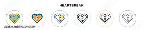 Heartbreak icon in filled, thin line, outline and stroke style. Vector illustration of two colored and black heartbreak vector icons designs can be used for mobile, ui, web