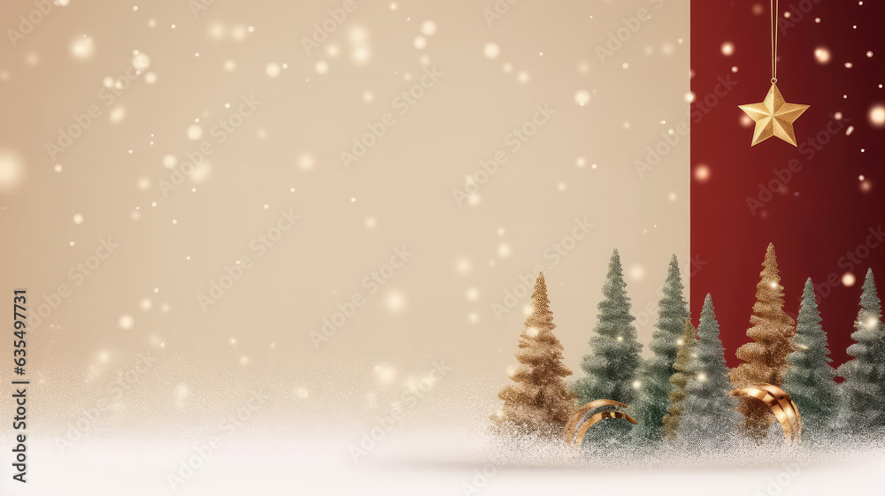 Christmas tree, snow, xmas decoration, New Year banner, gold and red background with copy space Christmas tree, snow, xmas decoration, New Year banner, gold and red background with copy space