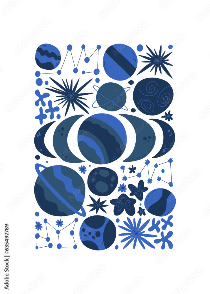 Space and cosmos abstract elements. Astronomy and Stellar composition. Modern trendy Matisse minimal style. Universe and Galaxy poster, invite. Vector arrangements for greeting card