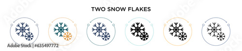 Two snow flakes icon in filled, thin line, outline and stroke style. Vector illustration of two colored and black two snow flakes vector icons designs can be used for mobile, ui, web