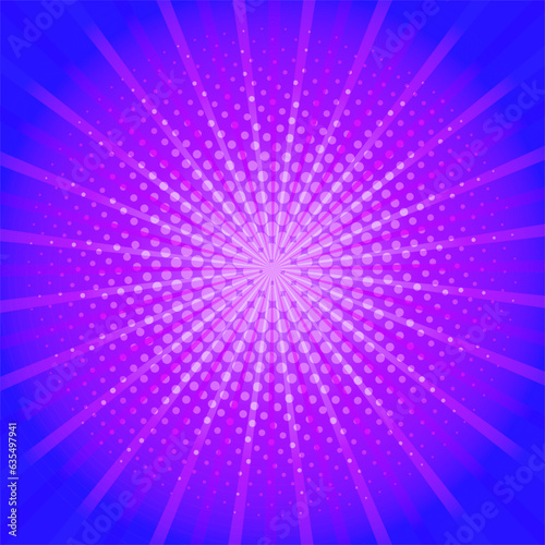 Pop art comic blue-purple background with rays and halftone dots, vector illustration, retro artistic backdrop, beautiful design element