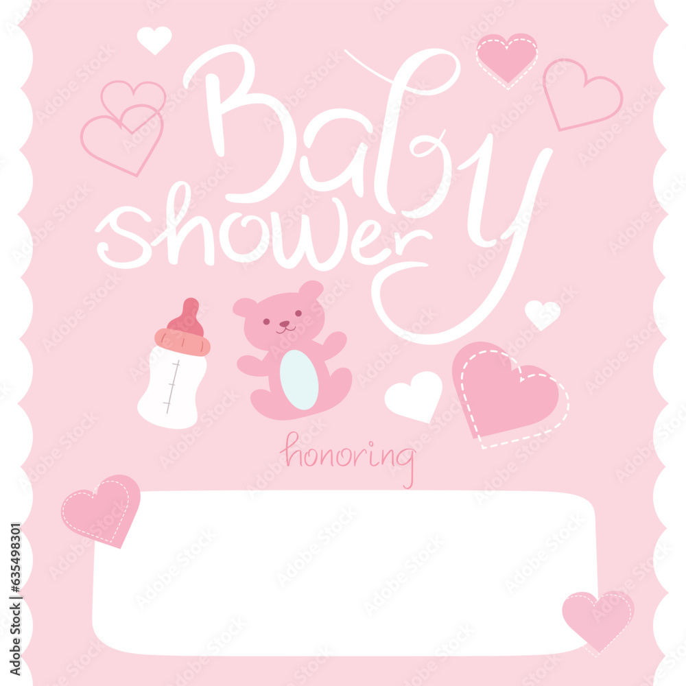 Baby shower invitation card. Honoring mommy to be. Cute teddy bear and hearts