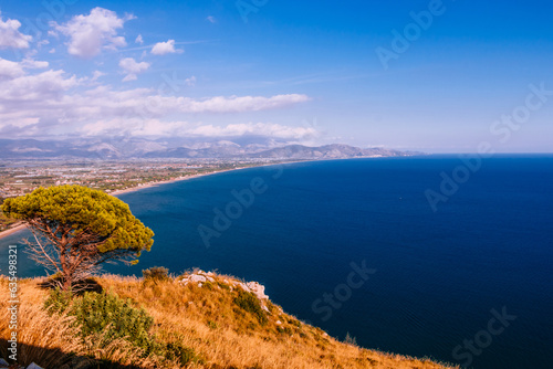 Aerial sunset view to Sperlonga coast form Sunset view from Remains Of Temple Of Jupiter Anxur in Terracina, Italy. © Alesia