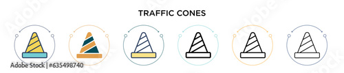 Traffic cones icon in filled, thin line, outline and stroke style. Vector illustration of two colored and black traffic cones vector icons designs can be used for mobile, ui, web