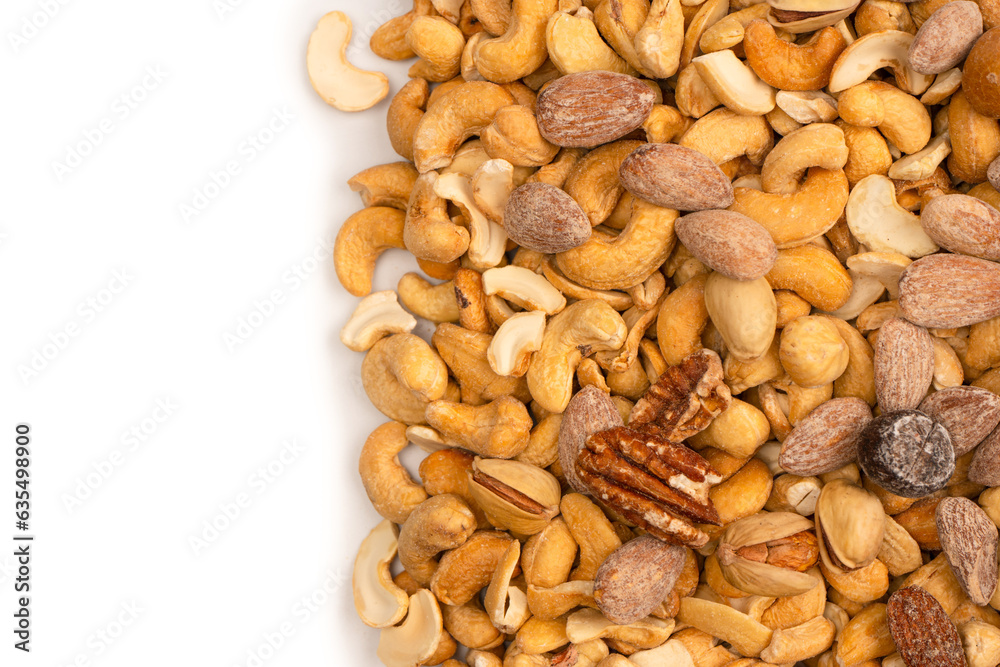 A group of almonds, pistachios, walnuts, macadamia, cashews. A group of almonds, pistachios, walnuts, macadamia, cashews.