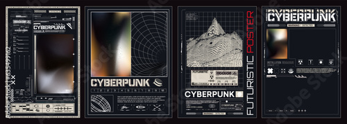 Collection of modern abstract posters. In acid style. Retro futuristic design elements, perspective grid, tunnel, circle. Black and white retro cyberpunk style. Vector illustration