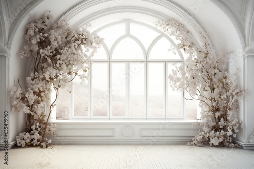 A white room with an arch and flowers on the wall, Generative Ai © zainab
