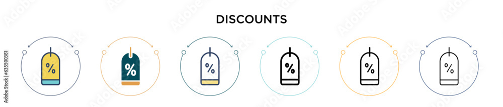 Discounts icon in filled, thin line, outline and stroke style. Vector illustration of two colored and black discounts vector icons designs can be used for mobile, ui, web