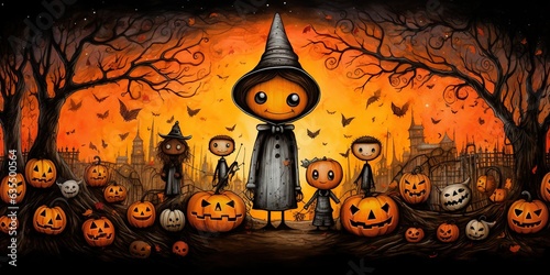 A primitive Halloween illustration captures the essence of spooky festivities with simple, raw strokes and playful charm. Generative AI