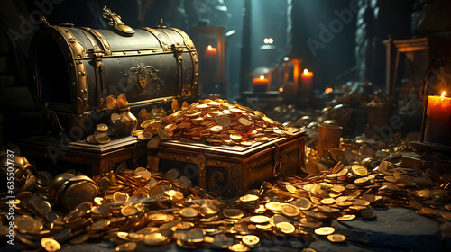 Glowing Treasure in a room with piles of gold. Steampunk