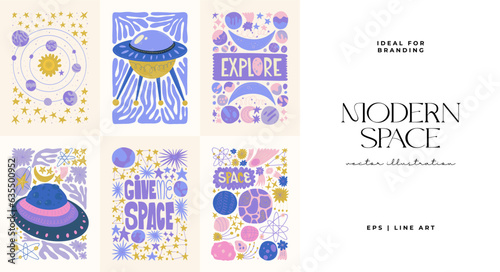 Space and cosmos abstract elements. Astronomy and Stellar composition. Modern trendy Matisse minimal style. Universe and Galaxy poster, invite.