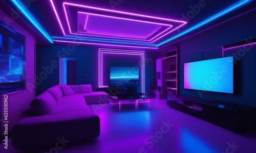 a room with neon lights rgb futuristic look , mansion