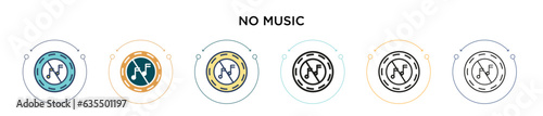 No music icon in filled, thin line, outline and stroke style. Vector illustration of two colored and black no music vector icons designs can be used for mobile, ui, web